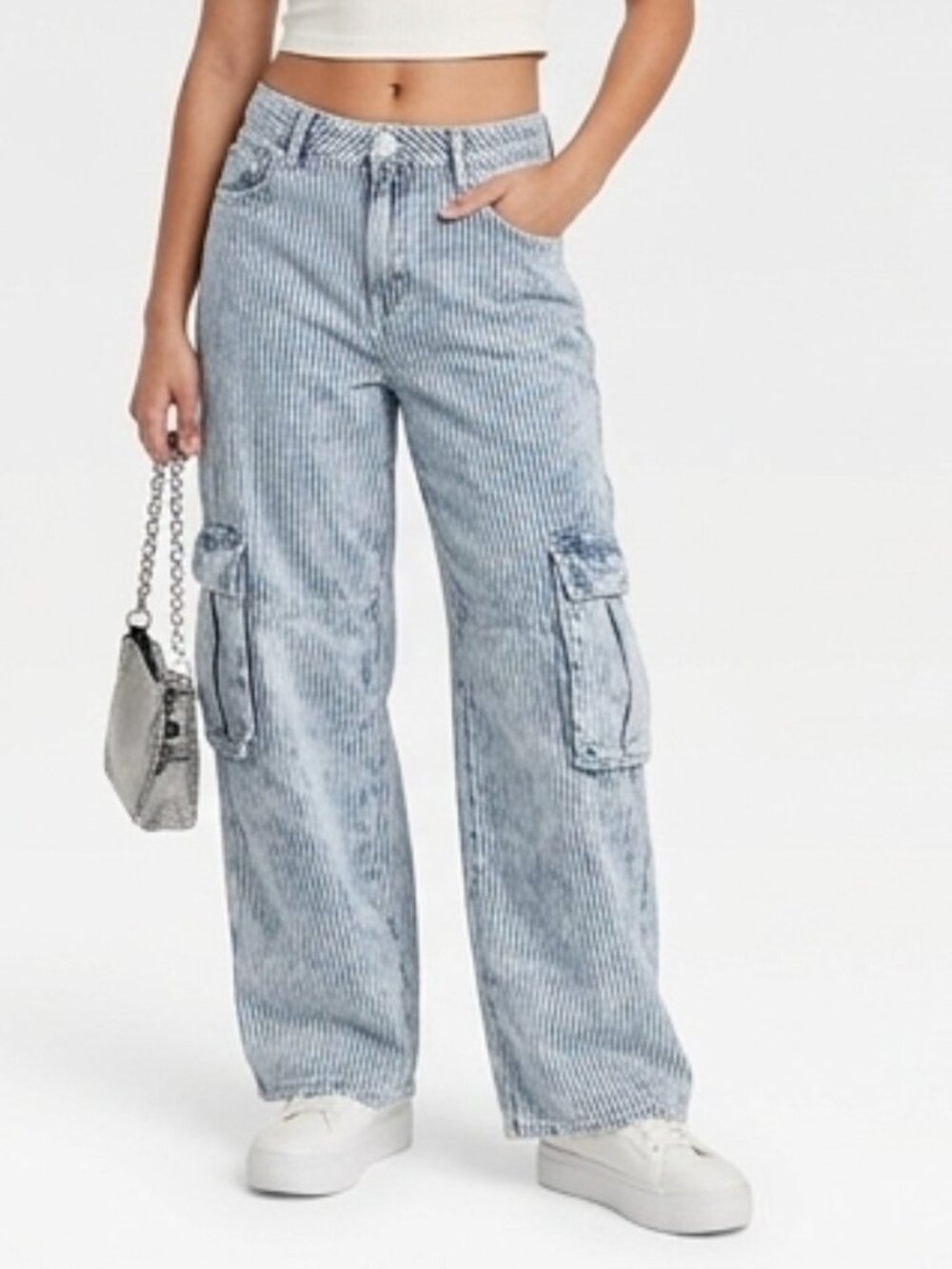 Baggy Wide Leg Cargo Jeans  Hickory Stripe Size 4 Regular Acid Wash - Wild Fable